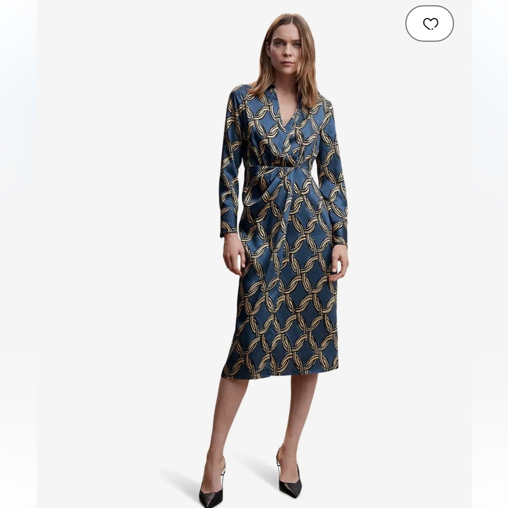 MANGO- Katea midi Dress- silk blue and tan link print dress. Size 2, EUC
